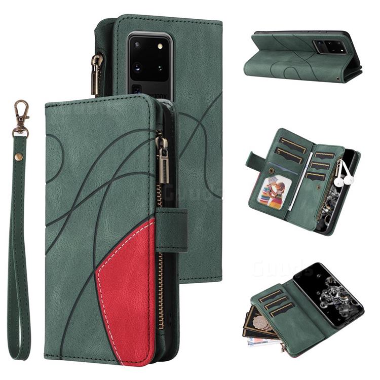 Luxury Two-color Stitching Multi-function Zipper Leather Wallet Case Cover for Samsung Galaxy S20 Ultra - Green