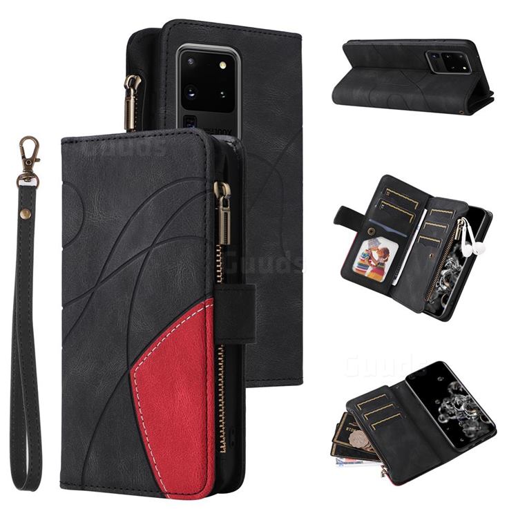 Luxury Two-color Stitching Multi-function Zipper Leather Wallet Case Cover for Samsung Galaxy S20 Ultra - Black