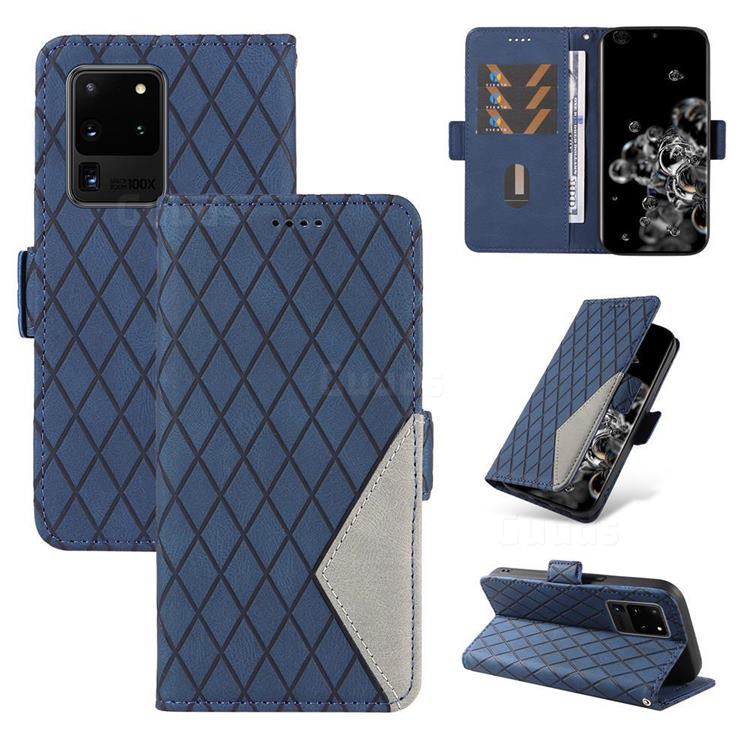 Grid Pattern Splicing Protective Wallet Case Cover for Samsung Galaxy S20 Ultra - Blue