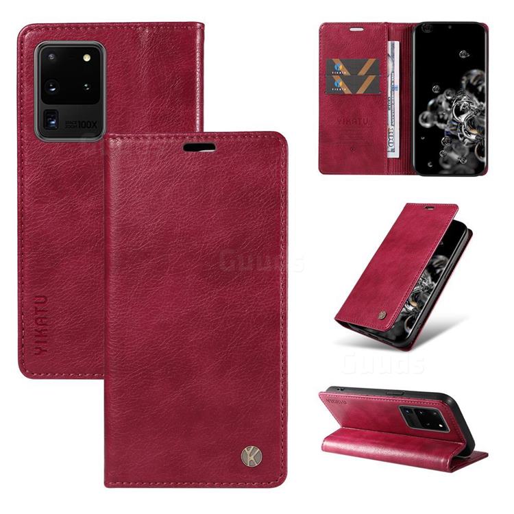 YIKATU Litchi Card Magnetic Automatic Suction Leather Flip Cover for Samsung Galaxy S20 Ultra - Wine Red