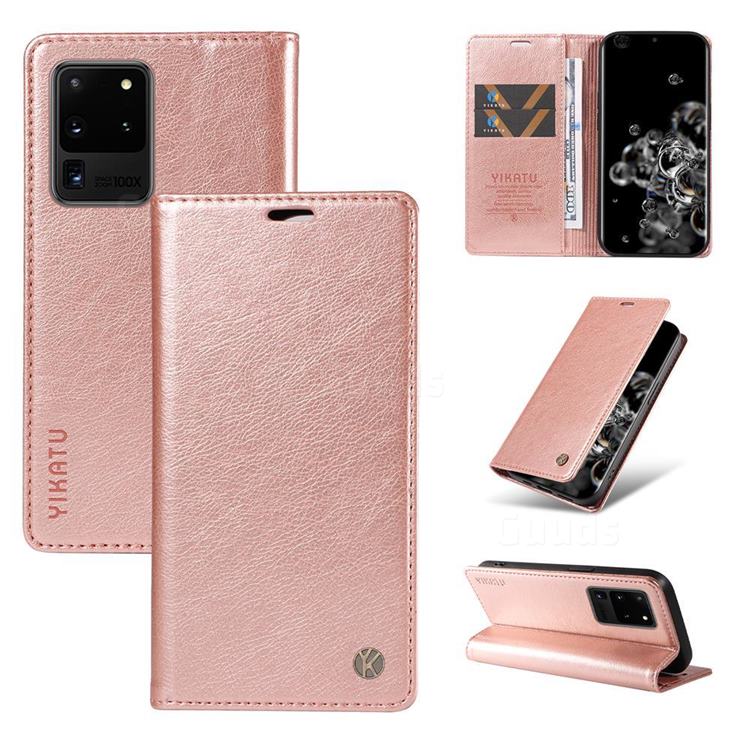 YIKATU Litchi Card Magnetic Automatic Suction Leather Flip Cover for Samsung Galaxy S20 Ultra - Rose Gold