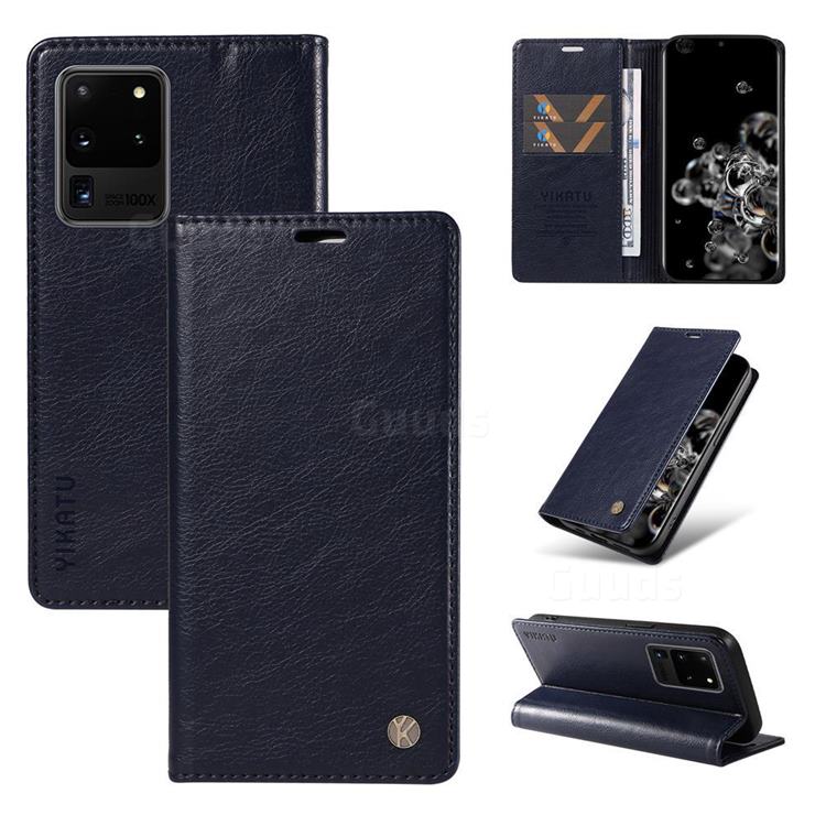 YIKATU Litchi Card Magnetic Automatic Suction Leather Flip Cover for Samsung Galaxy S20 Ultra - Navy Blue