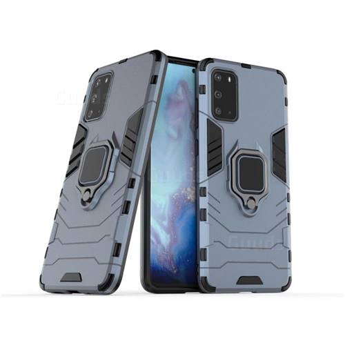Black Panther Armor Metal Ring Grip Shockproof Dual Layer Rugged Hard Cover for Samsung Galaxy S20 / S11e - Blue