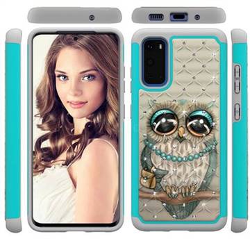 Sweet Gray Owl Studded Rhinestone Bling Diamond Shock Absorbing Hybrid Defender Rugged Phone Case Cover for Samsung Galaxy S20 / S11e