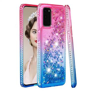 Diamond Frame Liquid Glitter Quicksand Sequins Phone Case for Samsung Galaxy S20 - Pink Blue