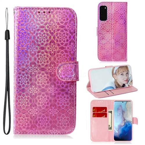 Laser Circle Shining Leather Wallet Phone Case for Samsung Galaxy S20 / S11e - Pink