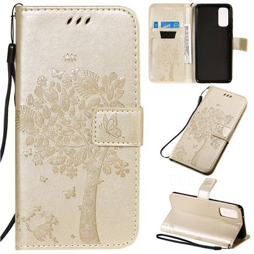 Embossing Butterfly Tree Leather Wallet Case for Samsung Galaxy S20 / S11e - Champagne