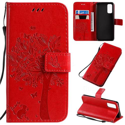 Embossing Butterfly Tree Leather Wallet Case for Samsung Galaxy S20 / S11e - Red