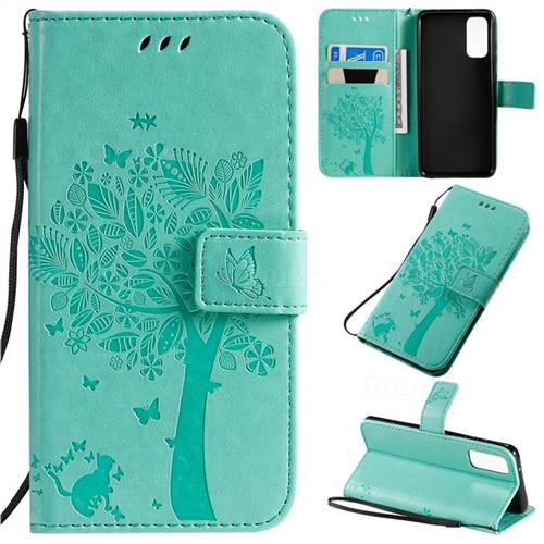 Embossing Butterfly Tree Leather Wallet Case for Samsung Galaxy S20 / S11e - Cyan