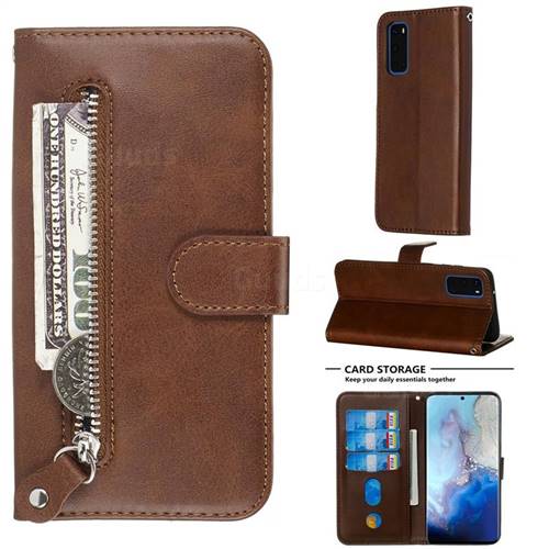 Retro Luxury Zipper Leather Phone Wallet Case for Samsung Galaxy S20 / S11e - Brown