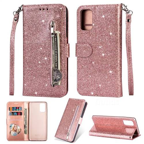 Glitter Shine Leather Zipper Wallet Phone Case for Samsung Galaxy S20 / S11e - Pink