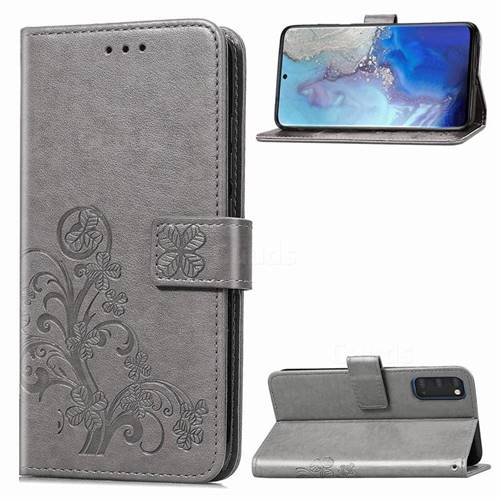 Embossing Imprint Four-Leaf Clover Leather Wallet Case for Samsung Galaxy S20 / S11e - Grey