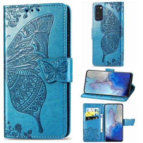 Embossing Mandala Flower Butterfly Leather Wallet Case for Samsung Galaxy S20 / S11e - Blue