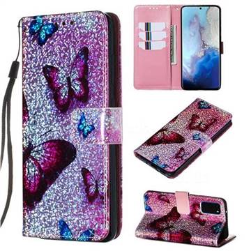 Blue Butterfly Sequins Painted Leather Wallet Case for Samsung Galaxy S20 / S11e
