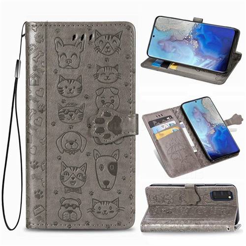 Embossing Dog Paw Kitten and Puppy Leather Wallet Case for Samsung Galaxy S20 / S11e - Gray