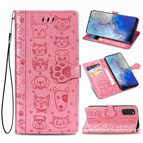 Embossing Dog Paw Kitten and Puppy Leather Wallet Case for Samsung Galaxy S20 / S11e - Pink
