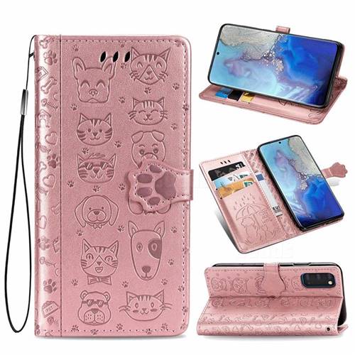 Embossing Dog Paw Kitten and Puppy Leather Wallet Case for Samsung Galaxy S20 / S11e - Rose Gold