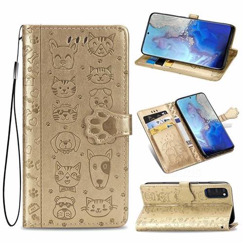 Embossing Dog Paw Kitten and Puppy Leather Wallet Case for Samsung Galaxy S20 / S11e - Champagne Gold
