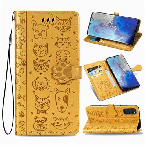 Embossing Dog Paw Kitten and Puppy Leather Wallet Case for Samsung Galaxy S20 / S11e - Yellow