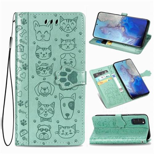 Embossing Dog Paw Kitten and Puppy Leather Wallet Case for Samsung Galaxy S20 / S11e - Green