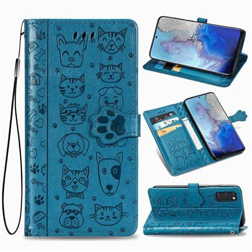 Embossing Dog Paw Kitten and Puppy Leather Wallet Case for Samsung Galaxy S20 / S11e - Blue