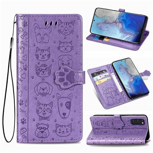 Embossing Dog Paw Kitten and Puppy Leather Wallet Case for Samsung Galaxy S20 / S11e - Purple