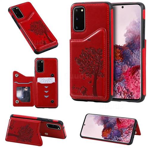 Luxury R61 Tree Cat Magnetic Stand Card Leather Phone Case for Samsung Galaxy S20 / S11e - Red