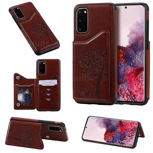 Luxury R61 Tree Cat Magnetic Stand Card Leather Phone Case for Samsung Galaxy S20 / S11e - Brown