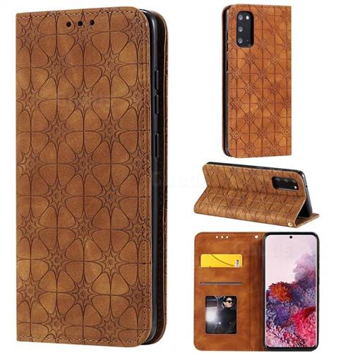 Intricate Embossing Four Leaf Clover Leather Wallet Case for Samsung Galaxy S20 / S11e - Yellowish Brown