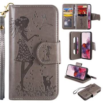 Embossing Cat Girl 9 Card Leather Wallet Case for Samsung Galaxy S20 / S11e - Gray