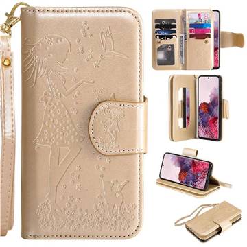 Embossing Cat Girl 9 Card Leather Wallet Case for Samsung Galaxy S20 / S11e - Gold