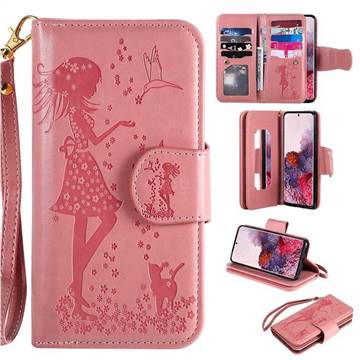 Embossing Cat Girl 9 Card Leather Wallet Case for Samsung Galaxy S20 / S11e - Pink