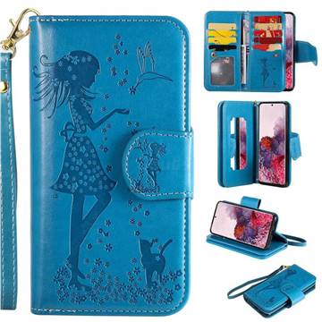 Embossing Cat Girl 9 Card Leather Wallet Case for Samsung Galaxy S20 / S11e - Blue