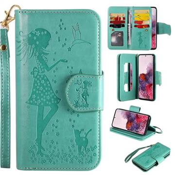 Embossing Cat Girl 9 Card Leather Wallet Case for Samsung Galaxy S20 / S11e - Green