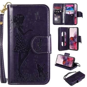 Embossing Cat Girl 9 Card Leather Wallet Case for Samsung Galaxy S20 / S11e - Purple
