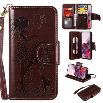 Embossing Cat Girl 9 Card Leather Wallet Case for Samsung Galaxy S20 / S11e - Brown