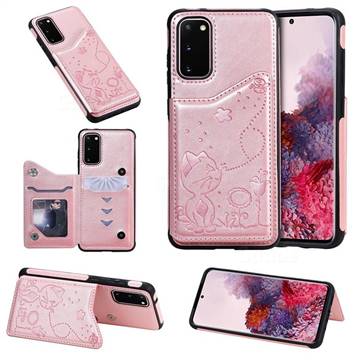 Luxury Bee and Cat Multifunction Magnetic Card Slots Stand Leather Back Cover for Samsung Galaxy S20 / S11e - Rose Gold