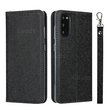 Ultra Slim Magnetic Automatic Suction Silk Lanyard Leather Flip Cover for Samsung Galaxy S20 / S11e - Black