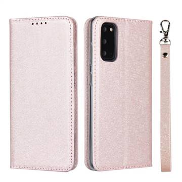 Ultra Slim Magnetic Automatic Suction Silk Lanyard Leather Flip Cover for Samsung Galaxy S20 / S11e - Rose Gold