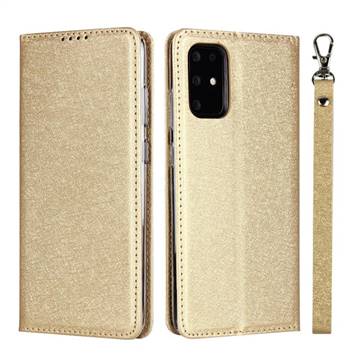 Ultra Slim Magnetic Automatic Suction Silk Lanyard Leather Flip Cover for Samsung Galaxy S20 / S11e - Golden
