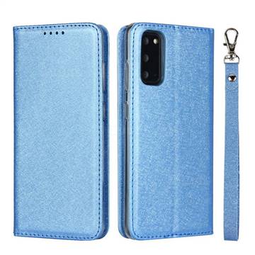Ultra Slim Magnetic Automatic Suction Silk Lanyard Leather Flip Cover for Samsung Galaxy S20 / S11e - Sky Blue