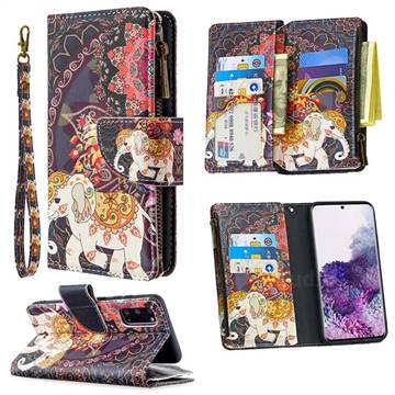 Totem Flower Elephant Binfen Color BF03 Retro Zipper Leather Wallet Phone Case for Samsung Galaxy S20 / S11e
