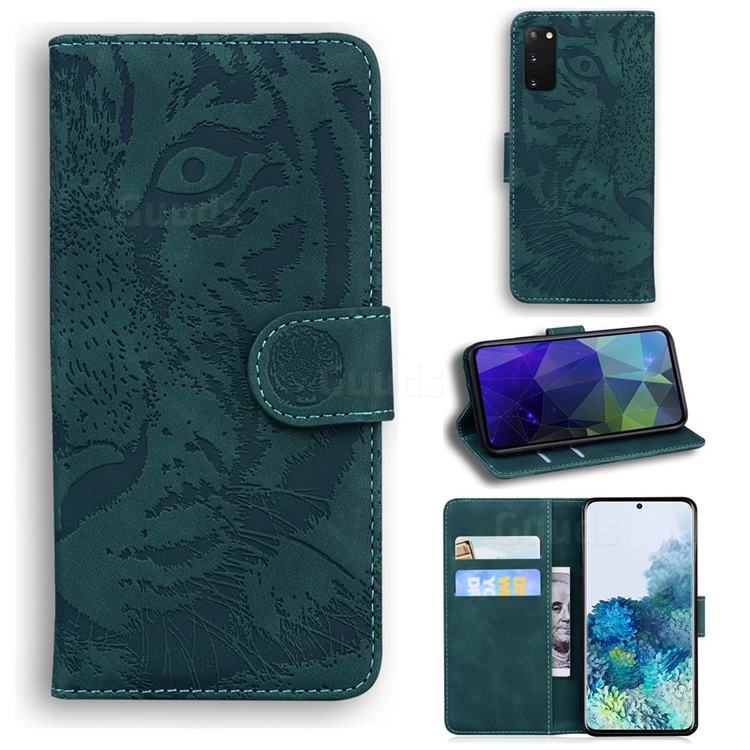 Intricate Embossing Tiger Face Leather Wallet Case for Samsung Galaxy S20 / S11e - Green