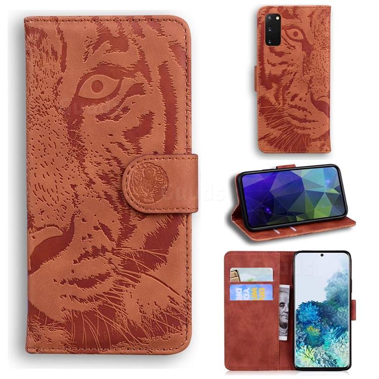 Intricate Embossing Tiger Face Leather Wallet Case for Samsung Galaxy S20 / S11e - Brown
