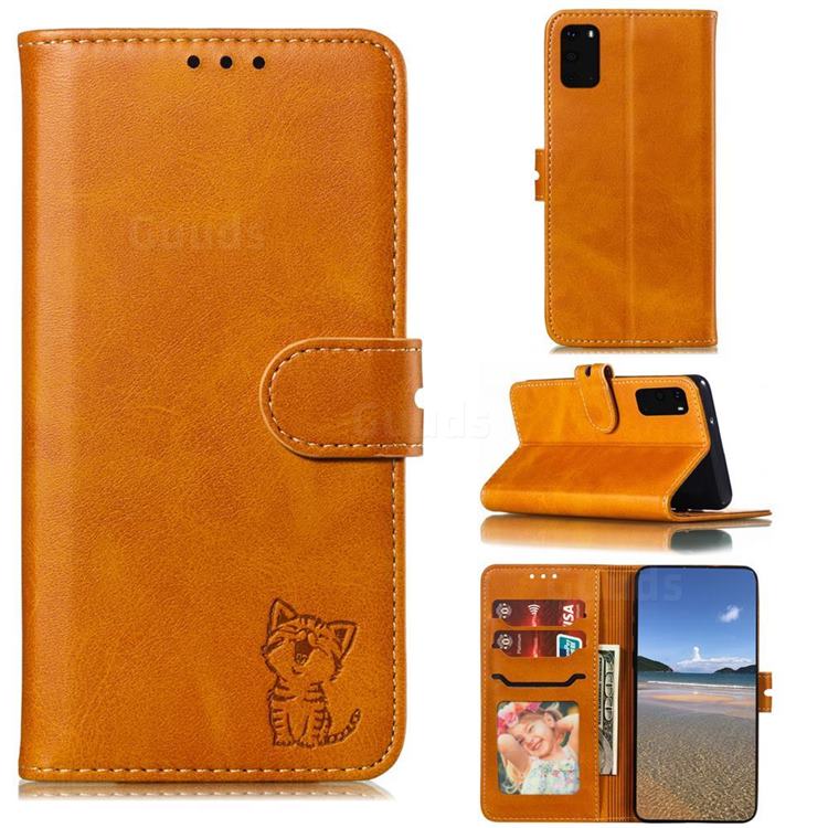 Embossing Happy Cat Leather Wallet Case for Samsung Galaxy S20 - Yellow