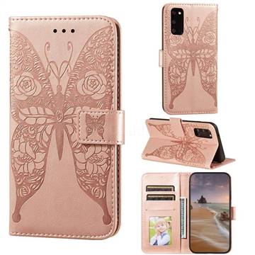 Intricate Embossing Rose Flower Butterfly Leather Wallet Case for Samsung Galaxy S20 - Rose Gold