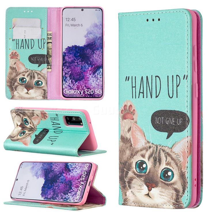 Hand Up Cat Slim Magnetic Attraction Wallet Flip Cover for Samsung Galaxy S20
