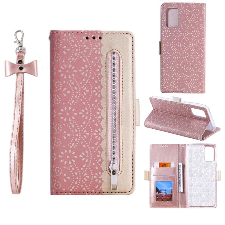 Luxury Lace Zipper Stitching Leather Phone Wallet Case for Samsung Galaxy S20 - Pink