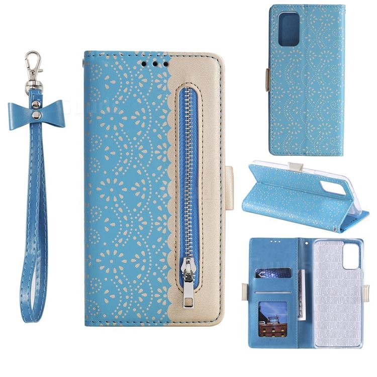 Luxury Lace Zipper Stitching Leather Phone Wallet Case for Samsung Galaxy S20 - Blue