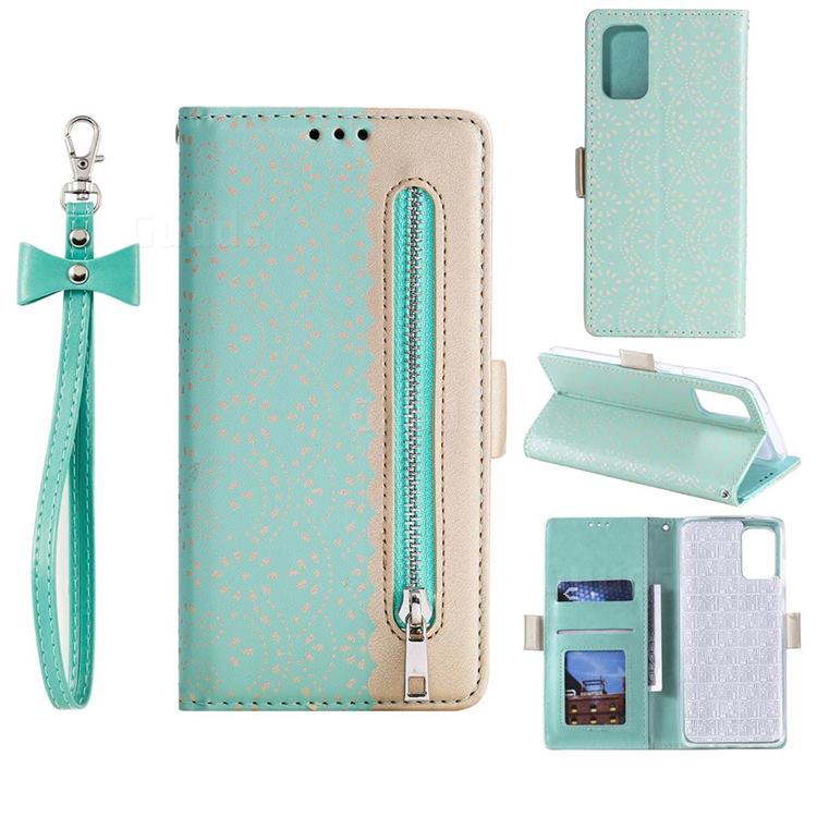 Luxury Lace Zipper Stitching Leather Phone Wallet Case for Samsung Galaxy S20 - Green